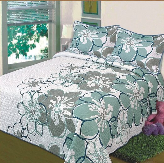 Fancy Collection 3 Pc Bedspread Bed Cover White Grey Green Floral (Queen)