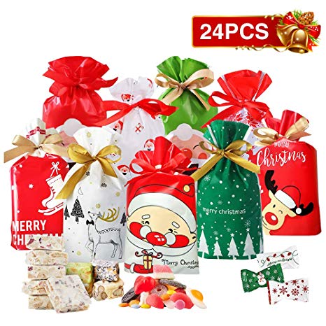 24 PCS Christmas Treat Bags Christmas Gift Bags Christmas Goody Bags Bulk for Kids Plastic Christmas Drawstring Bags Christmas Party Supplies Party Favors