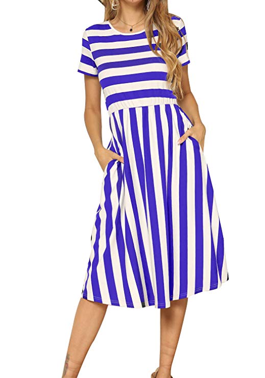 levaca Women's Casual Short Sleeve Striped Swing Midi Dress with Pockets