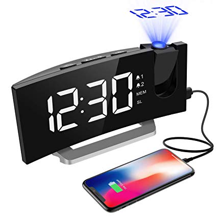 Digital Alarm Clock, Projection Alarm Clock, 5'' Large Curved LED Display, 6 Dimmer, Dual Alarms, 15 FM Radio Clock, Digital Clock Projection on Ceiling Bedroom, USB Phone Charger, Sleep Timer, Snooze