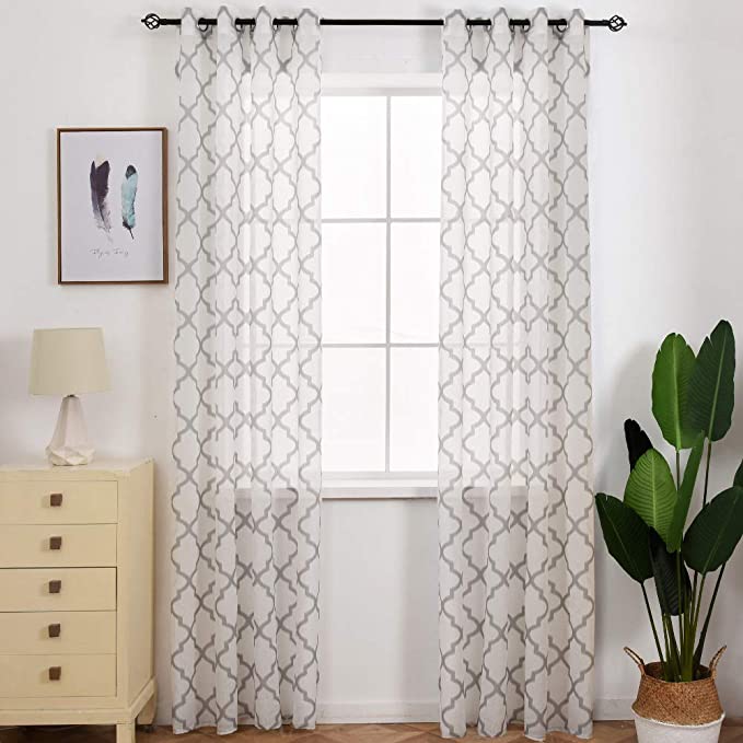 Sheer Curtains, NAPEARL Moroccan Tile Pattern Voile Curtains 63 Inch Length, Grommet Top Sheer Privacy Curtains for Living Room, Bedroom, Set of 2 Panels ( Each 52 x 96 in, Grey )