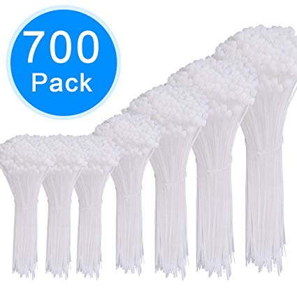 AUSTOR 700 Pieces Zip Ties White Nylon Cable Zip Ties Self Locking Cable Ties in 4/6/ 8/10/ 12 Inches for Home Office Garage and Workshop