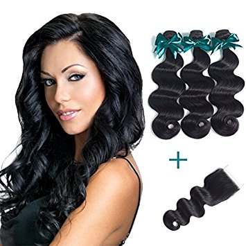 Brazilian Body Wave Virgin Hair 3 Bundles With Free Part Lace Closure 100% Unprocessed Human Hair Body Wave Bundles Natural Color(12 14 16 with 10 free)