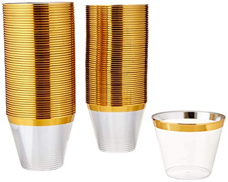 100 Gold Plastic Cups 9 Oz - Elegant Fancy Wedding Gold Plastic Cups || Fancy Rich Gold Disposable Party Cups || Gold Rimmed Durable Clear Disposable Cups || Gold Plastic Disposable Cups/Tumblers