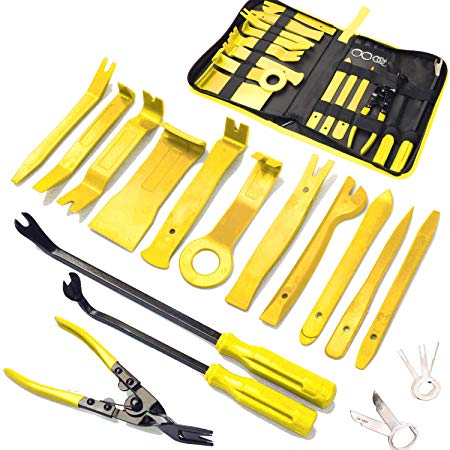 19Pcs Trim Removal Tool,Car Panel Door Audio Trim Removal Tool Kit, Auto Clip Pliers Fastener Remover Pry Tool Set with Storage Bag (Yellow)