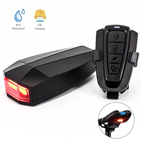 XIAOKOA Built-in anti-theft & search system remote taillights, USB Rechargeable Taillights with 10 LED 120 lumens & 3 Light Mode Options & 100 meter Remote Control & 120 DB bells Waterproof Silicone and Condesigncealed , Suitable for Mountain, MTB and Road Bicycles(A6 Plus)