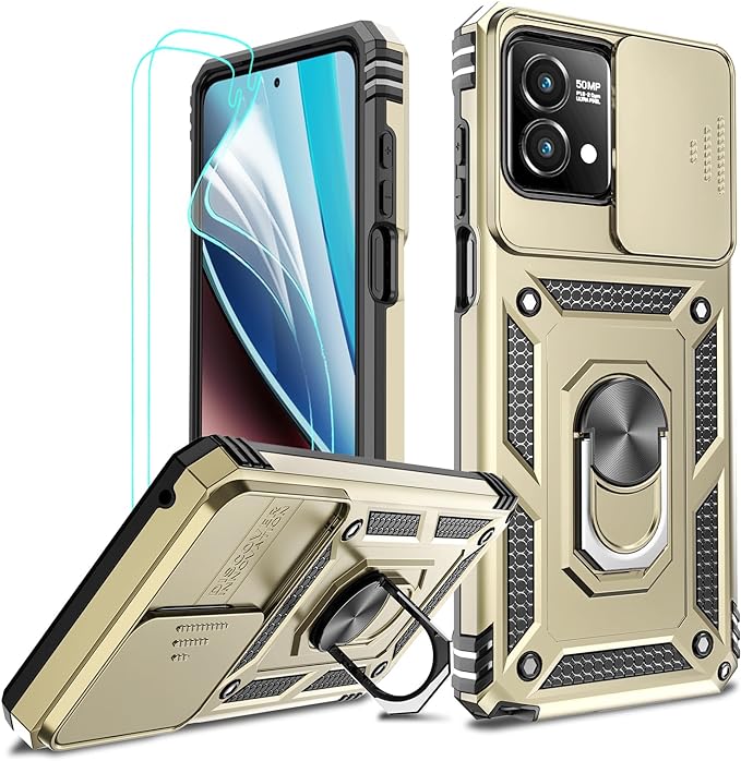 LeYi for Motorola Stylus 5G 2023 Case: Moto G Stylus 5G Phone Case with 2 Pcs HD Screen Protector and Slide Camera Cover, Military-Grade Protective Case with Ring Kickstand for Moto G Stylus 5G, Gold