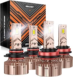 SEALIGHT 9005/HB3 H11/H9/H8 Light Bulbs Combo, 2024 80,000LM Super Bright X6S H11 9005 Powersport Bulbs or Fog with Fan, 6000K White 9005 H11 Bulbs Plug and Play, Pack of 4