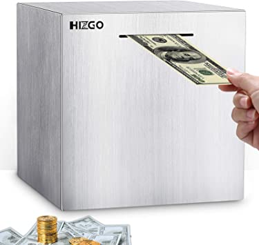 hizgo Adult Piggy Bank Stainless Steel Safe Money Banks for Kids Savings Real Money Box Coin Jar Large Capacity ( 7.9" X 7.9" X 7.9" )
