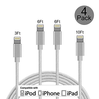 [4 Pack] BBInfinite Compatible iPhone Cable,3FT 6FT 6FT 10FT Lightning Cable, Nylon iPhone Charger Cable USB Charging Cable iPhone X/XS/XSmax/XR/8/8Plus/7/7Plus/6/6Plus/6s/6sPlus/5/5s/5c/SE (Gray)