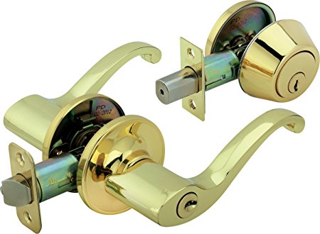 Legend 809115 Scroll Style Lever Front Door Knob Entry Leverset Lockset and Single Cylinder Deadbolt Combination Set, US3 Polished Brass Finish
