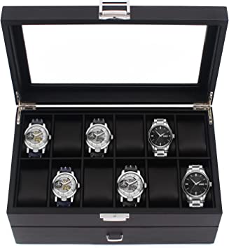 Watch Box Organizer for Men, 24 Slot Luxurious & Masculine Carbon Fiber Textured Display Case - Real Glass Top, Metal Hinge, Large Watch Holder with Drawer, Black Carbon Fiber Watch Collection Case