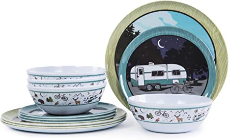 12pcs Melamine Dinnerware set for 4, Outdoor Indoor Use Dinner Dishes Set for Camper, Break-resistant, RV Use
