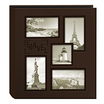 Pioneer Collage Frame Embossed Travel Sewn Leatherette Cover Photo Album, Brown