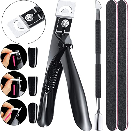 Acrylic Nail Clipper Nail Tip Trimmer with Cuticle Pusher Spoon Nail Cleaner and 2 Pieces Nail Files Manicure Tools for Artificial Nail (Black)