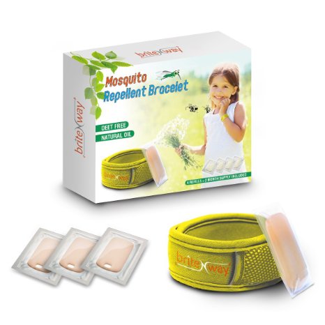 Mosquito Repellent YELLOW Bracelet - All Natural Waterproof Repeller Wrist Bands plus 4 Refills - Deet Free Pest Ants and Insects Protection No Spray - Indoor, Outdoor Use - Safe for Kids, Babies