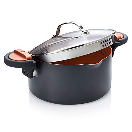 Gotham Steel Pasta Pot with Patented Built in Strainer with Twist N Lock Handles, Nonstick Ti- Cerama Copper Coating by Chef Daniel Green 5 Quart