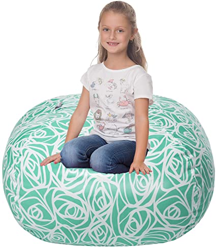 5 STARS UNITED Kids Bean Bag - COVER ONLY - Stuffed Animal Storage - Beanbag Chairs for Kids - 90+ Teddy Plush Toys Holder and Organiser for Girls - 100% Cotton Canvas - Mint Roses