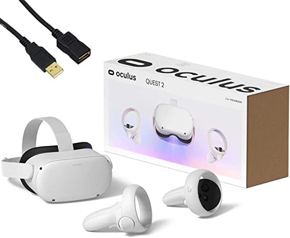 Oculus Quest 2 — Advanced All-in-One Virtual Reality Gaming Headset — White — 64GB Video — Family Christmas Holiday Bundle — BROAGE 6ft USB Extension Cable