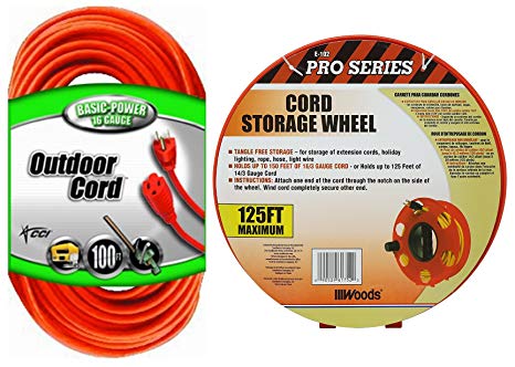 Coleman Cable Bundle - 100 ft - Outdoor Heavey Duty Extension Cord Plus Wind up Reel