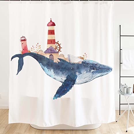 Ofat Home Whale and Lighthouse Shower Curtain with Hooks 71"x71", Blue Red Cartoon Marine Animal Helm Nautical Sailing Boat Waterproof Fabric Bathroom Accessories Decor