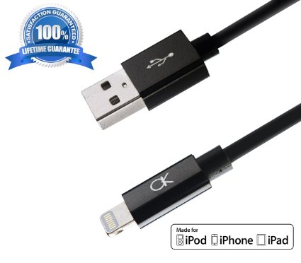 Apple MFI Certified Akiko Cable 2M 63FT SIX FEET w Aluminum Head Lightning 8-Pin to USB Charger and Data Sync Cable Made for iPhone 6 6 Plus 5S 5C iPad Mini Air iPod - Compatible w iOS 8 Lifetime Warranty - Retail Packaging-Black