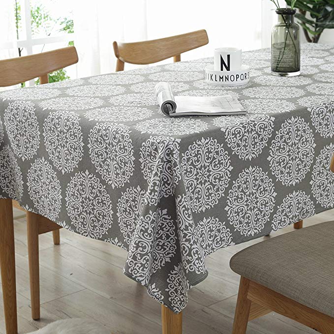 Lahome Medallion Floral Tablecloth - Cotton Linen Table Cover Kitchen Dining Room Restaurant Party Decoration (Rectangle - 55" x 86", Gray)