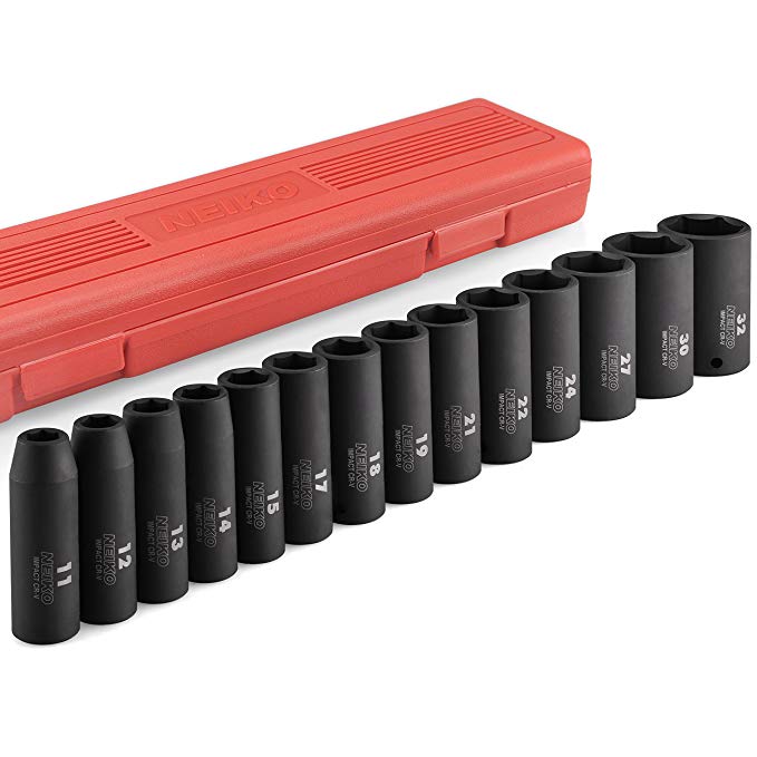 Neiko 02475A 1/2” Drive Deep Impact Socket Set, Cr-V Steel, 6-Point | 14-Piece Set | Metric 11 - 32mm