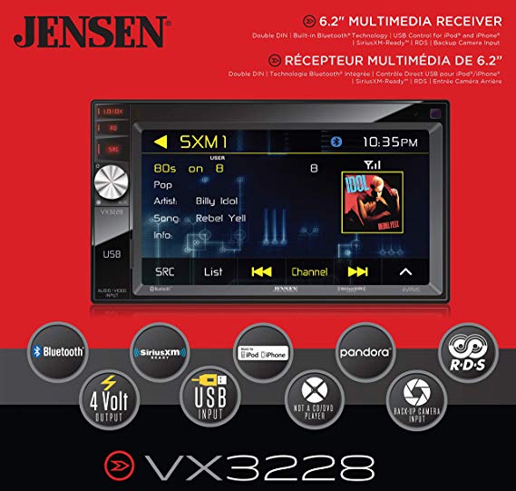 Jensen VX3228 6.2" Digital Multimedia LED Backlit LCD Touch Screen Double DIN Car Stereo with Built-in Bluetooth, SiriusXM-Ready & USB Port