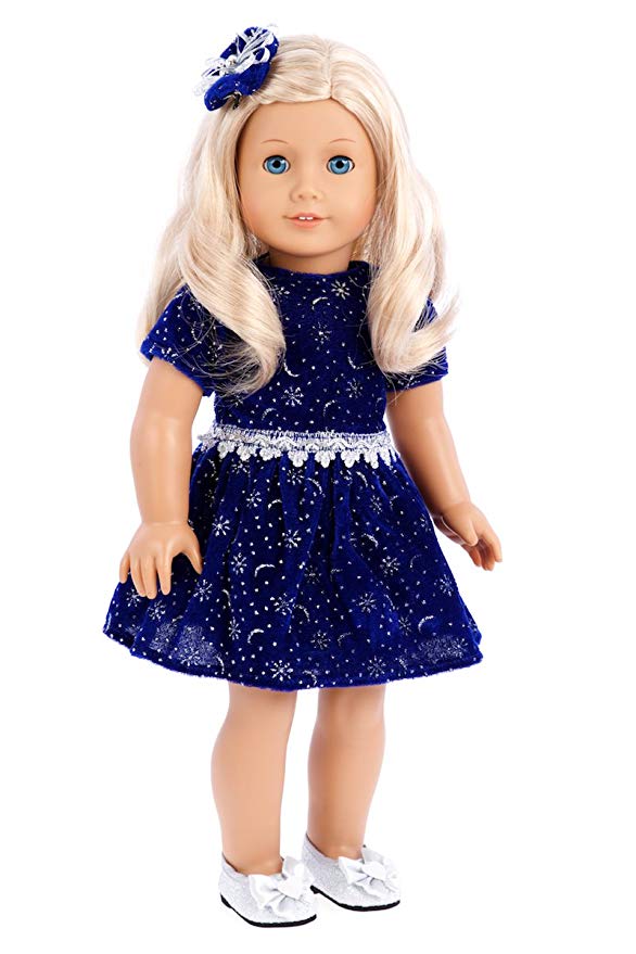 DreamWorld Collections - Midnight Blue - 3 Piece Outfit - Dark Blue Sparkling Holiday Dress with Matching Silver Shoes and Headpiece - Clothes Fits 18 Inch American Girl Doll (Doll Not Included)