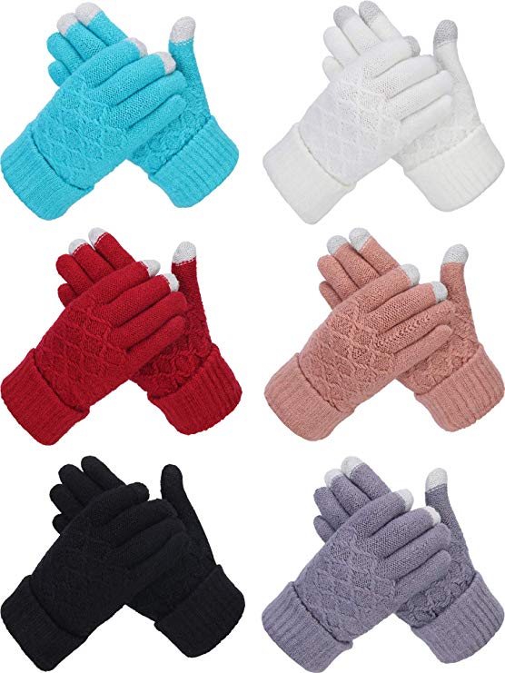 6 Pairs Winter Knit Touch Screen Gloves Full Finger Mittens with Jacquard Design