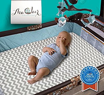 Waterproof Pack N Play Mattress Pad - & - Pack and Play Fitted Sheet All In One. Fitted, Hypoallergenic, Absorbent for Mini % Portable Mattresses. 27" x 39" + 5" White & Gray Chevron Cotton