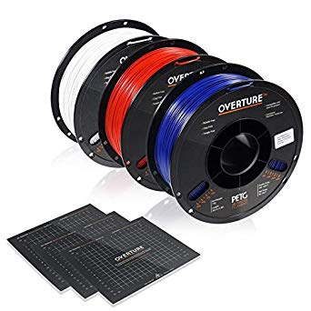 OVERTURE PETG Filament 1.75mm with 3D Build Surface 200 x 200 mm 3D Printer Consumables, 1kg Spool (2.2lbs), Dimensional Accuracy  /- 0.05 mm, Fit Most FDM Printer (White   Blue   Red)