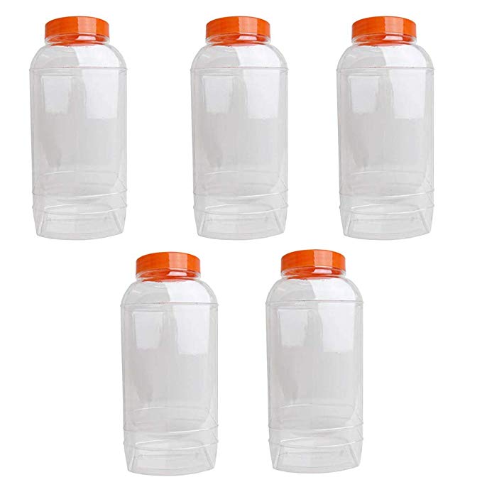 Pack of 5 x 5 L Ltr Litre Plastic Clear Jar with Orange Lids Stackable PET Storage of Food Sweets Candy Biscuits Cookies Animal Treats Kitchen Shop Display