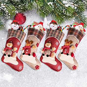 Tikola Christmas Stockings 4 Pack, Reindeer Snowman Xmas Stockings, Personalized Fireplace Hanging Stockings for Christmas Decoration, Character 3D Plush Linen with Faux Fur