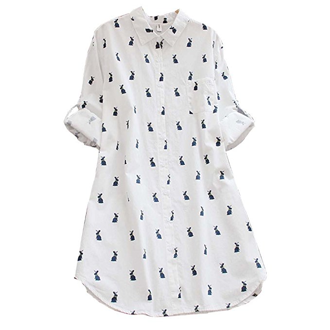 Ashir Aley Animal Print Cute Rabbits Pattern Longline Button Down Casual Tunic Shirt Blouse
