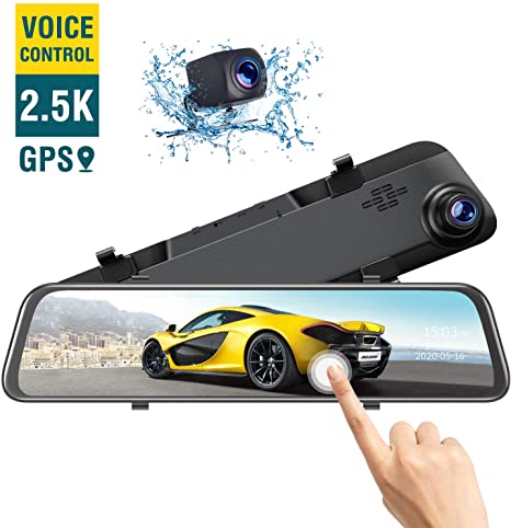 TOGUARD 2.5K Mirror Dash Cam GPS Voice Control Backup Camera, 12" Touch Screen Front and Rear Dual Lens Dash Camera for Cars Waterproof Rear View Mirror Camera with Parking Assistance Night Vision