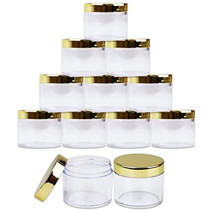 Beauticom 60 Grams/60 ML (2 Oz) Round Clear Leak Proof Plastic Container Jars with Gold Lids for Travel Storage Makeup Cosmetic Lotion Scrubs Creams Oils Salves Ointments (12 Jars)