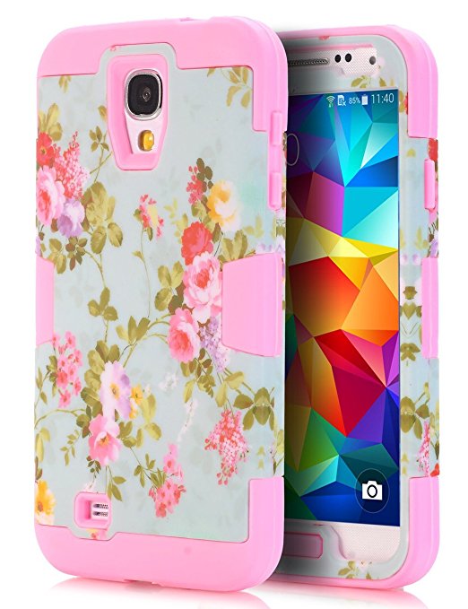 Galaxy S4 Case, S4 Case - SKYLMW [ Shock Resistant Series ] Hybrid Rubber Case Cover for Samsung Galaxy S4 IV i9500 3in1 Hard Plastic  Soft Silicone Flower Baby Pink