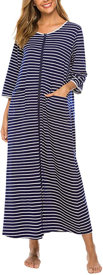 Bloggerlove Zipper Front Robes Women House Coat Half Sleeve Loungewear Long Nightgown with Pockets S-XXL