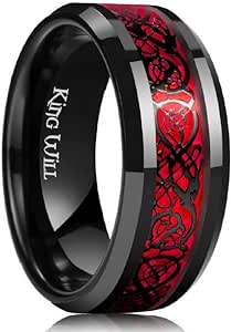 King Will DRAGON Mens Celtic Dragon Titanium Stainless Steel Ring Blue/Black/Green/Red Carbon Fibre Luminou Glow Celtic Dragon Titanium Stainless Steel Ring 7mm 8mm 9mm Zircon Polished Beveled Edge and Black Plated Wedding Band mens