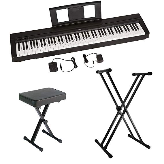 Yamaha P45 88-Key Weighted Action Digital Piano with Sustain Pedal, Power Supply, Double-Braced X-Style Keyboard Stand, and Padded X-Style Piano Bench