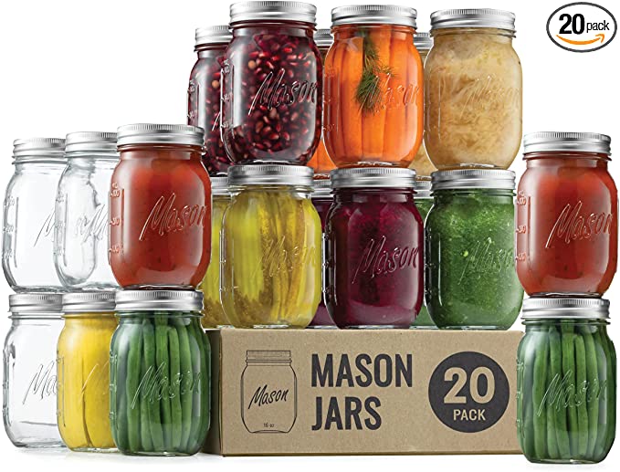 Paksh Novelty Mason Jars 16 oz - 20-Pack Regular Mouth Glass Jars with Lid & Seal Bands - Airtight Container for Pickling, Canning, Candles, Home Decor, Overnight Oats, Fruit Preserves, Jam or Jelly