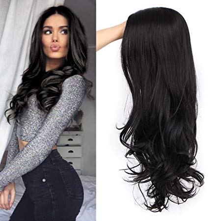 ForQueens Black Wavy Wigs for Women Long Curly Wig Synthetic Party Wigs Middle Part Full Wigs Natural Looking