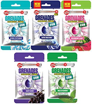 Grenades Explosively Strong Sugar-Free Gum - Intense Minty Blast That'll Blow You Away - Breath Freshening & Long Lasting Flavor - Fruit & Mint Variety Pack of 5 (150 Pieces)