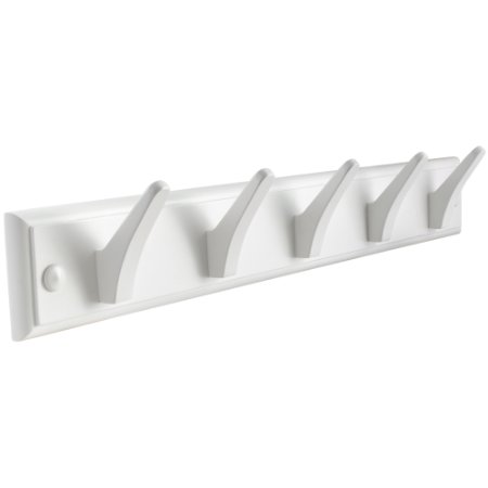 Tibres - Wall Coat Hook Rack / Rail - 100% Solid Wood - 5 Decorative Wooden Pegs for Clothes, Hats and Towels - Mounted to a Wall or a Door - For Use in Bedrooms, Bathrooms and Hallways - White