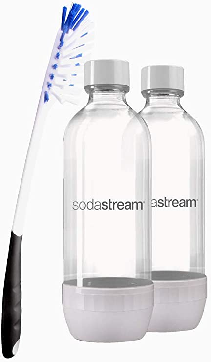 Sodastream 2 Pack White Premium Soda Stream 1 Liter Carbonating Bottles Bundle with Very New Design Cleaning Brush