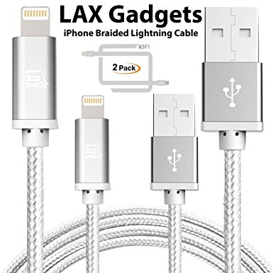 LAX Gadgets Apple Certified iPhone Charger Lightning Cable - 10 Feet, Silver, 2-Pack