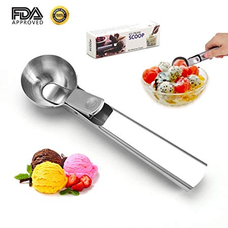 Ice Cream Scoop,7inches Trigger Ice Cream Scoop, Stainless Steel Ice Cream Dipper for Fruits, Cookie Dough and Water Melon Scoop, Dishwasher Safe, Solid and Durable, FDA Approved