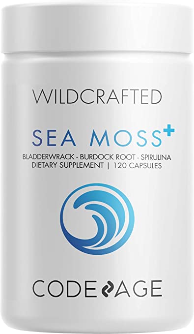 Codeage Raw Wildcrafted Sea Moss, Irish Moss Chondrus Crispus, Bladderwrack Seaweed, Burdock Root, Spirulina Algae, BioPerine Black Pepper & Organic Peppermint Oil, Vegan Mineral Blend, 120 Capsules